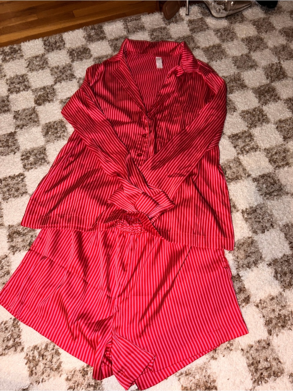 Red and Pink Striped Satin Women's Pajama Set